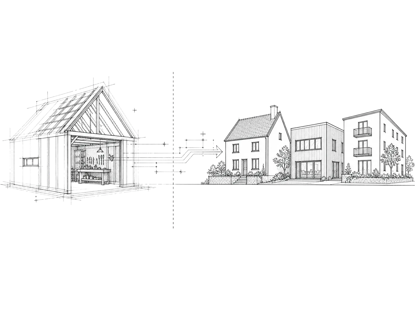 Architektur-Zeichnung: ein neues Fachgebäude schließt sich an ein bestehendes Netzwerk an.