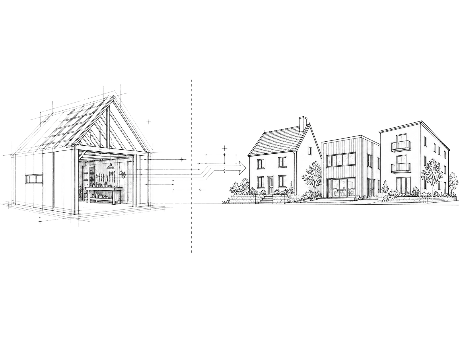 Architektur-Zeichnung: ein neues Fachgebäude schließt sich an ein bestehendes Netzwerk an.