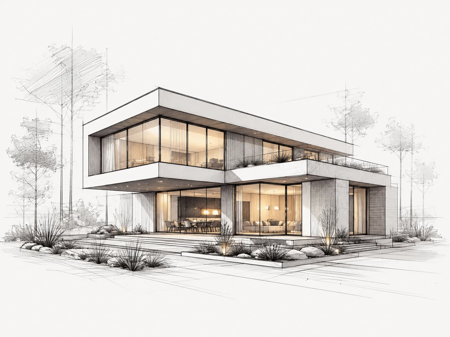 Gezeichnete moderne Villa mit Flachdach als hochwertiges Architektur- und Planungsmotiv
