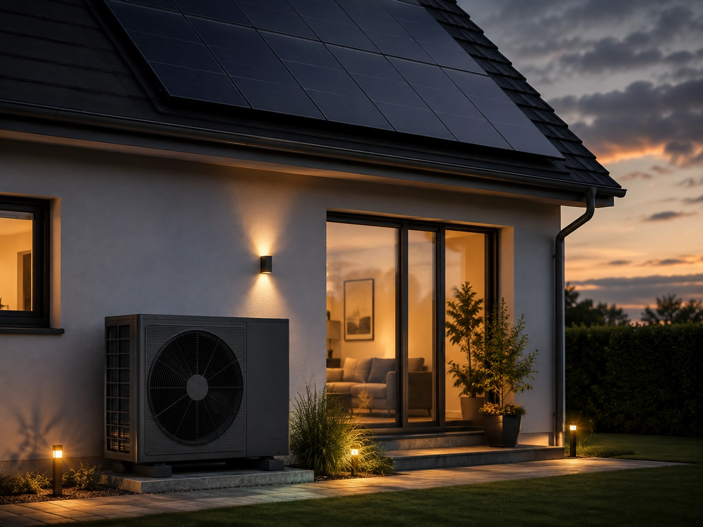 Photovoltaikanlage und Wärmepumpe an einem modernisierten Wohnhaus